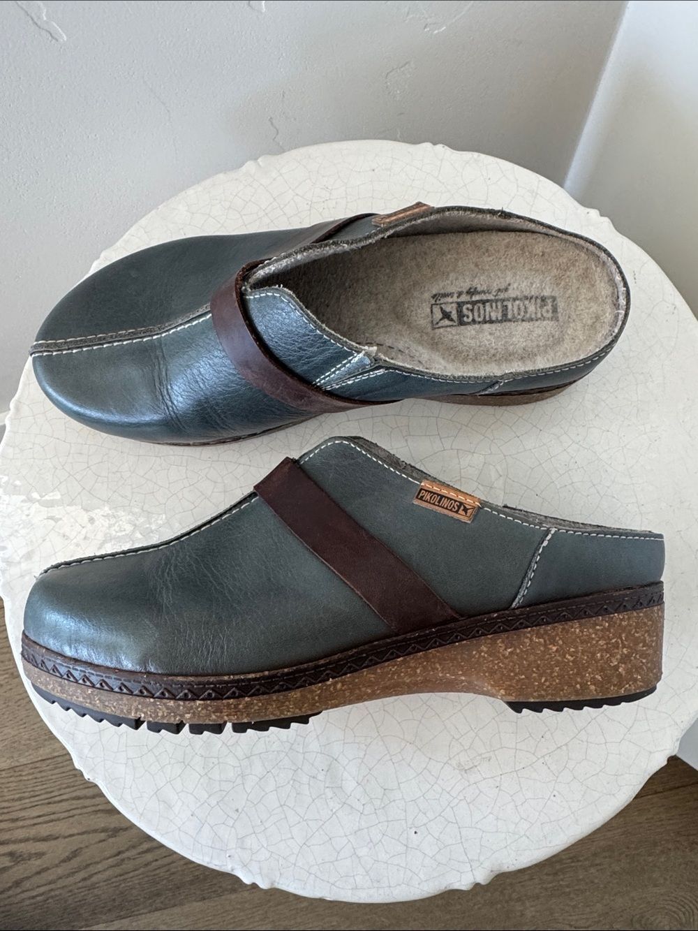 PIKOLINOS Granada Women’s Teal Leather Slip-On Clogs Wedge Brown Accent Size 37